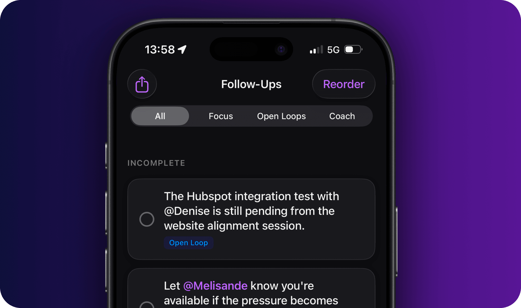 iPhone showing the Follow-Ups screen with category filter tabs: All, Focus, Open Loops, Coach