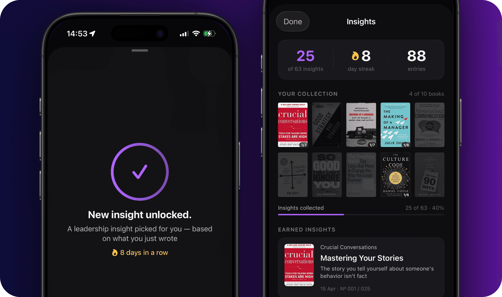 Two iPhones showing an insight card from The Culture Code on Vulnerability Loops, and the full insight text with a reflection prompt