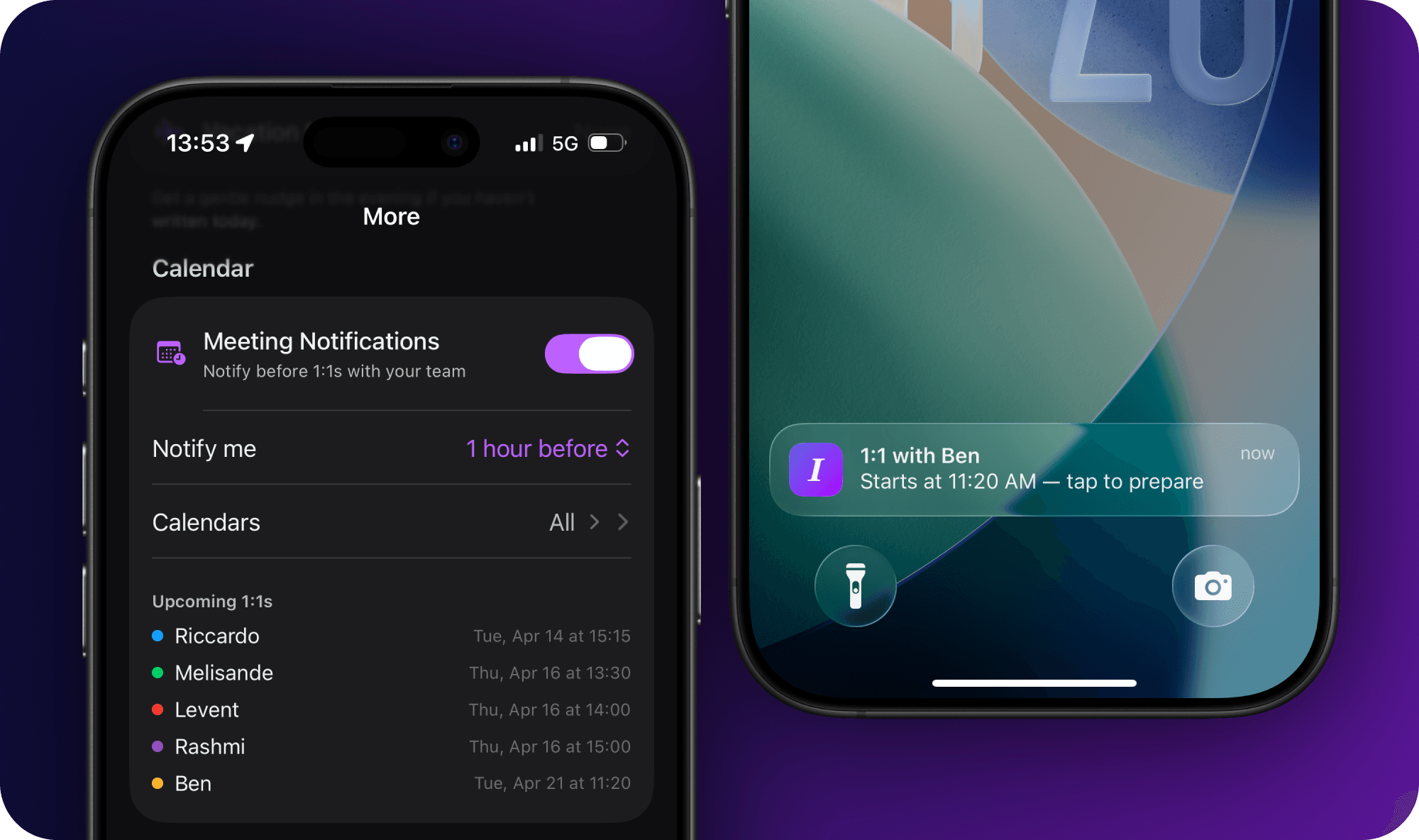 iPhone showing Meeting Notifications settings with upcoming 1:1s listed, and a lock screen notification reading '1:1 with Ben — tap to prepare'