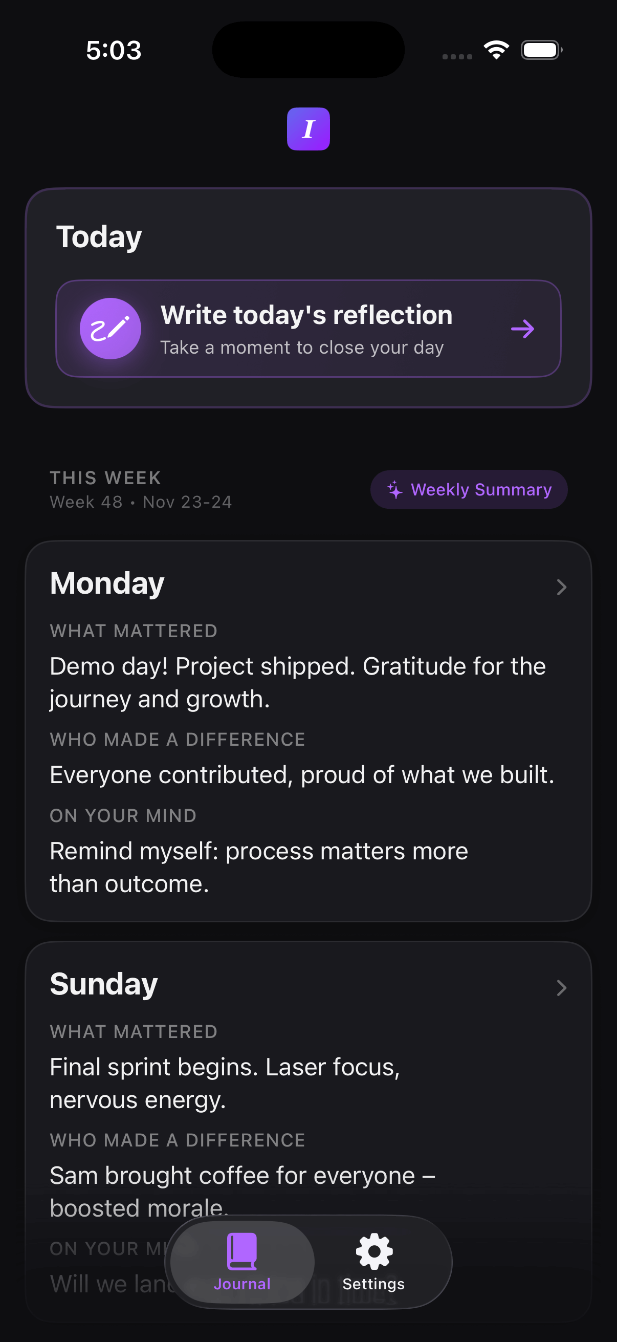 Intura app - Daily reflection view showing today's questions and entries