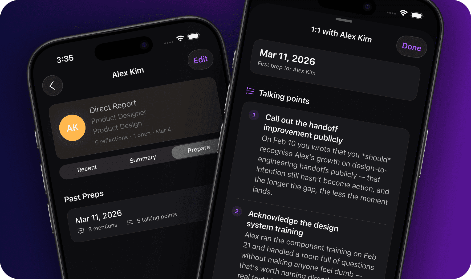 Two iPhone screens showing the Prepare tab on a team member profile and the generated 1:1 talking points