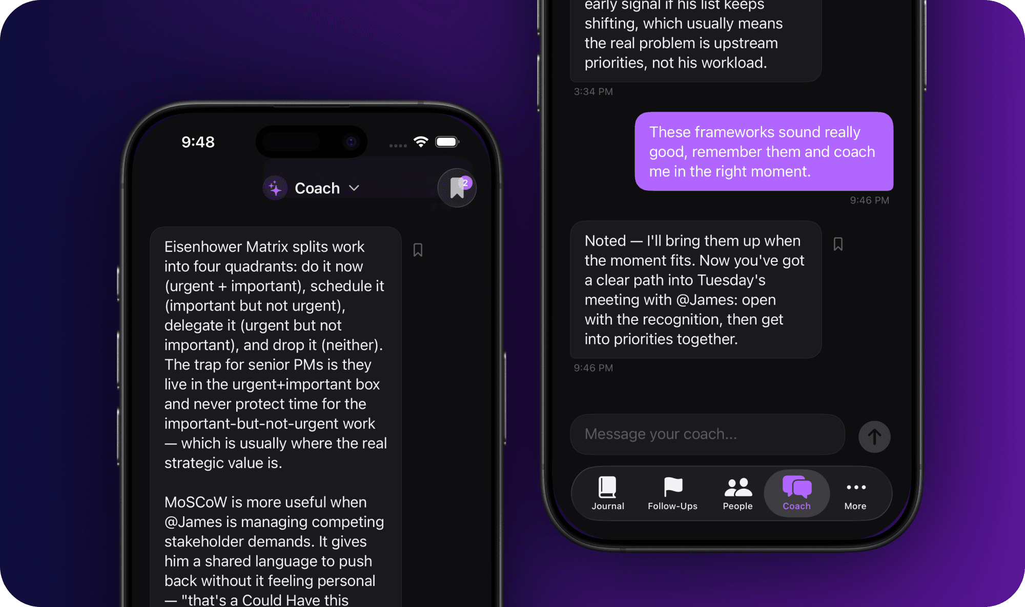 Two iPhone screens showing a coach conversation where the user asks the coach to remember useful frameworks, and the coach confirms