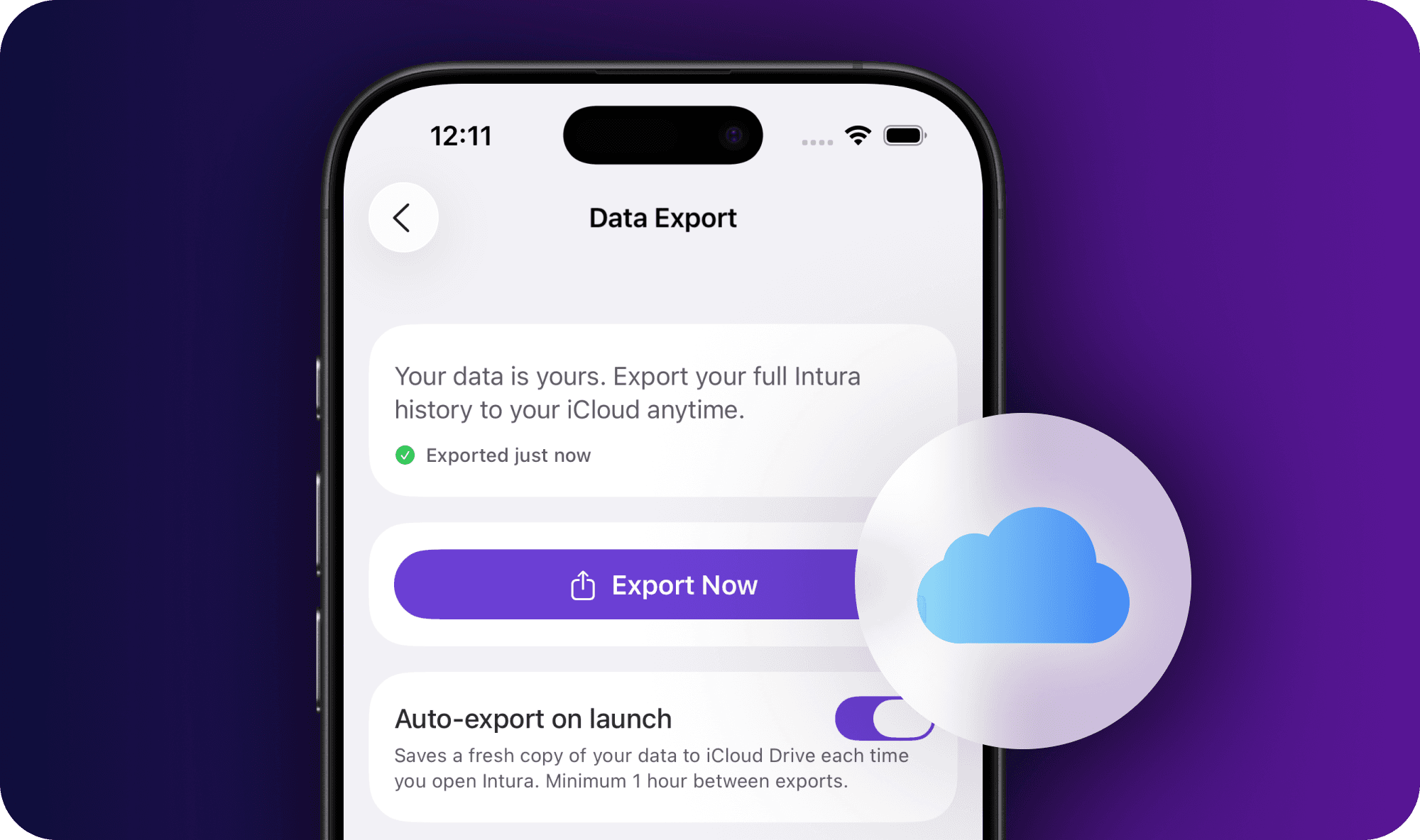 The Data Export screen in Intura on iPhone, showing 'Your data is yours' with an 'Exported just now' status, a purple Export Now button, and an Auto-export on launch toggle switched on