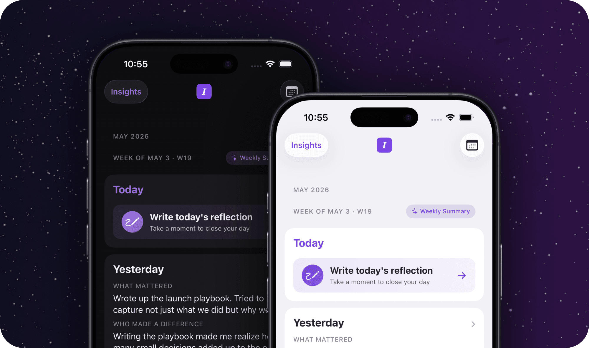 Two iPhones side by side against a starry purple background, showing the Intura journal screen in dark mode and light mode with Today and Yesterday sections visible