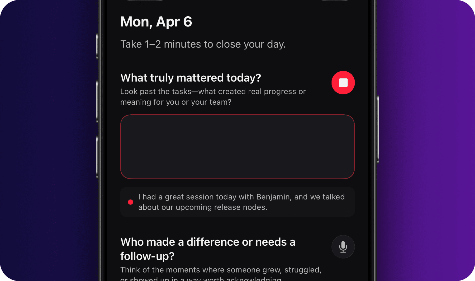 iPhone showing the daily reflection screen with voice input active, transcribing a journal entry in real time