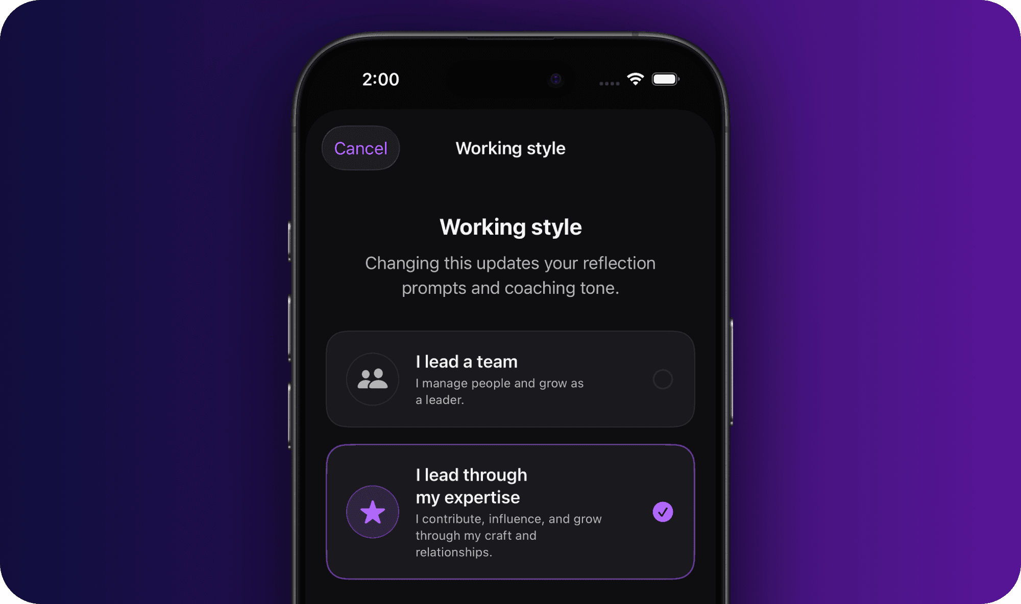 iPhone showing the onboarding screen where you choose whether you manage a team or work as an individual contributor
